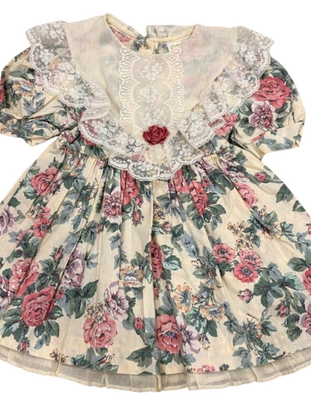 Vintage Victorian 3T Girls Floral Lace Collar Dress Puff Sleeves